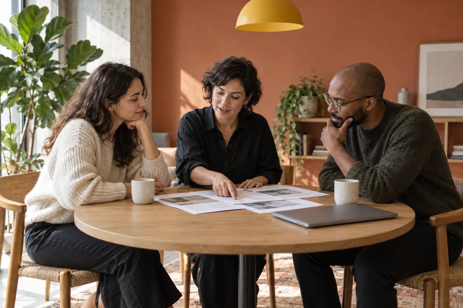 Three colleagues reviewing printed notes together at a table in a sunlit office with a terracotta wall.