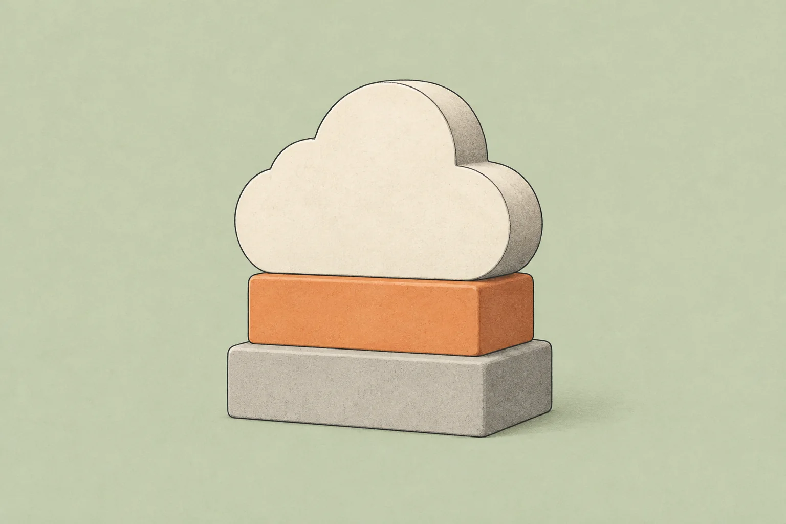 A cream cloud resting on orange and gray foundation blocks against a pale green background.