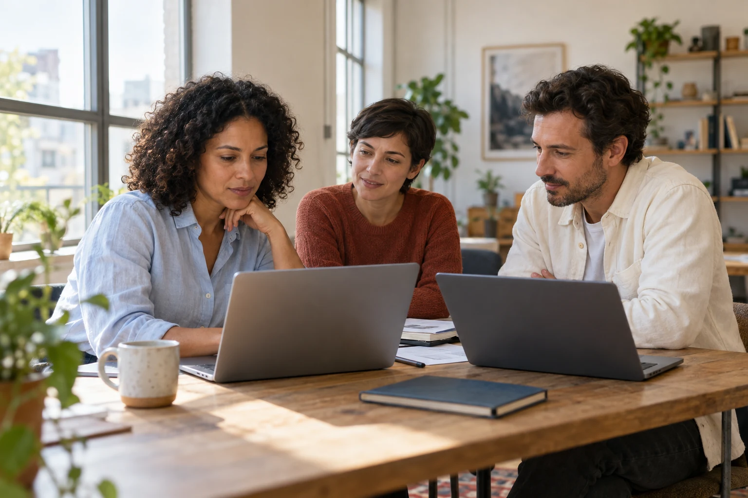 Three colleagues reviewing work on laptops together in a bright shared workspace.