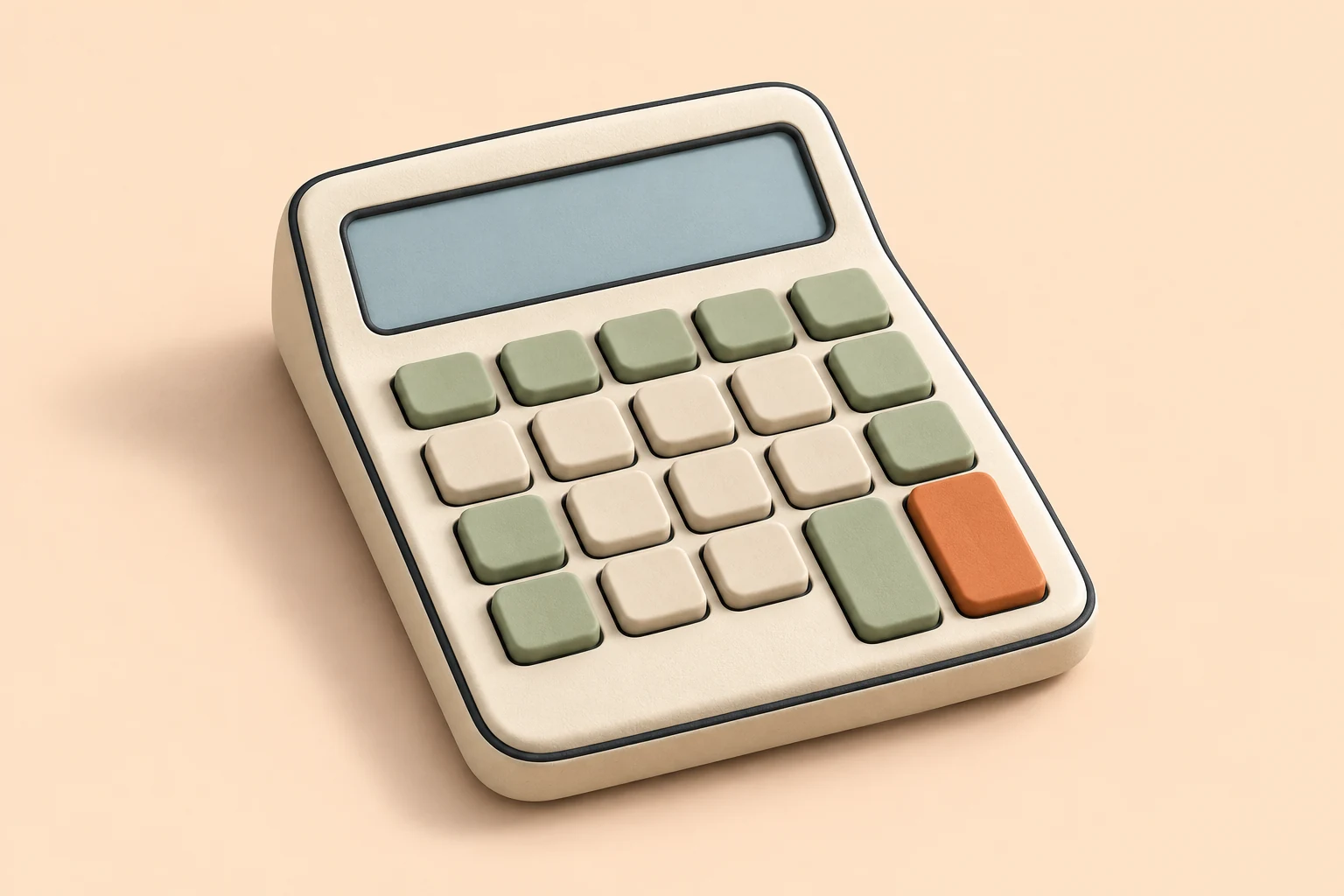 Cream calculator with a blank blue display, sage keys, and one orange key on a pale peach background.