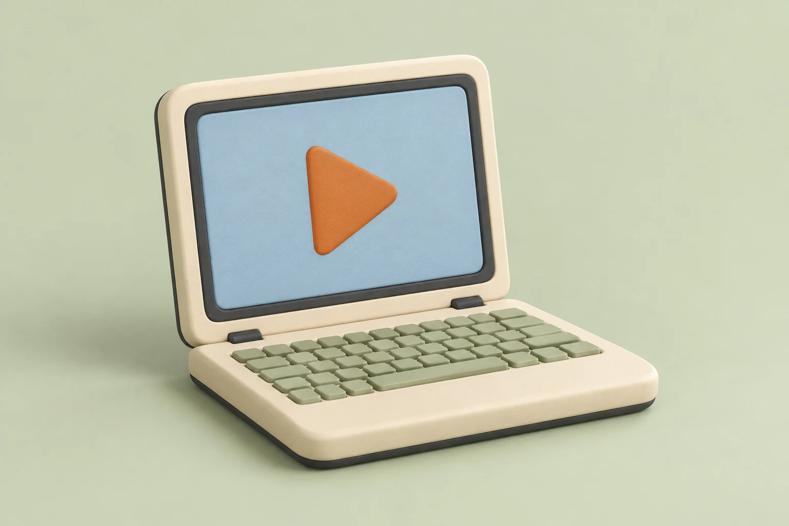 Ordinateur portable crème avec un symbole de lecture orange sur écran bleu et des touches sauge, sur fond sauge pâle.