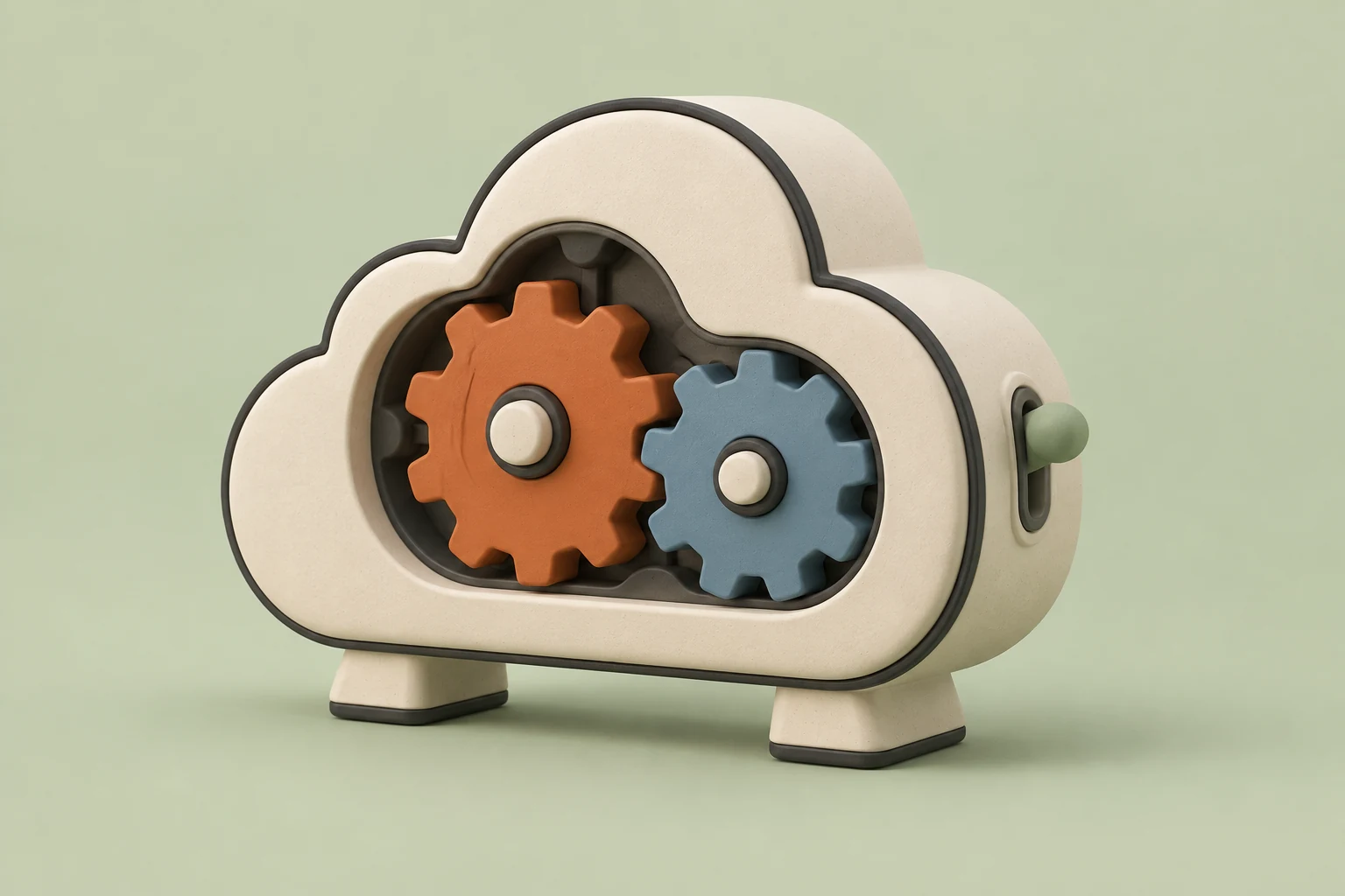 Cream cloud-shaped enclosure with orange and blue gears, illustrating the machinery behind cloud services.