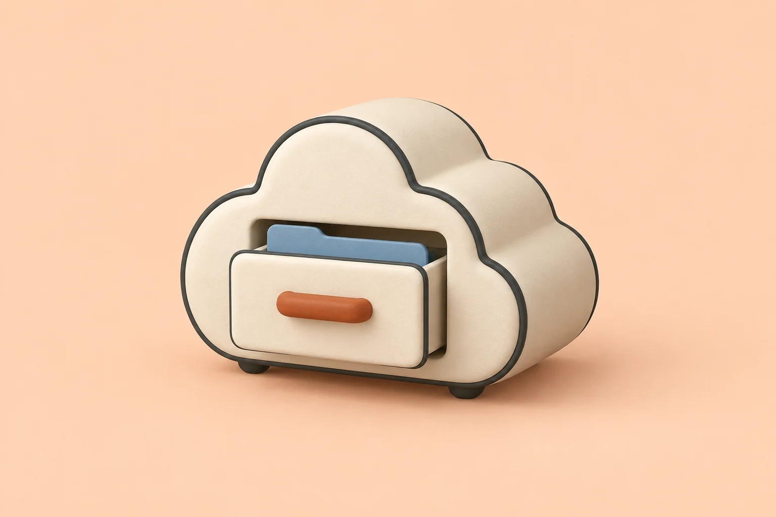 Cream cloud-shaped filing cabinet with an open drawer, blue folder, and orange handle on a pale peach background.
