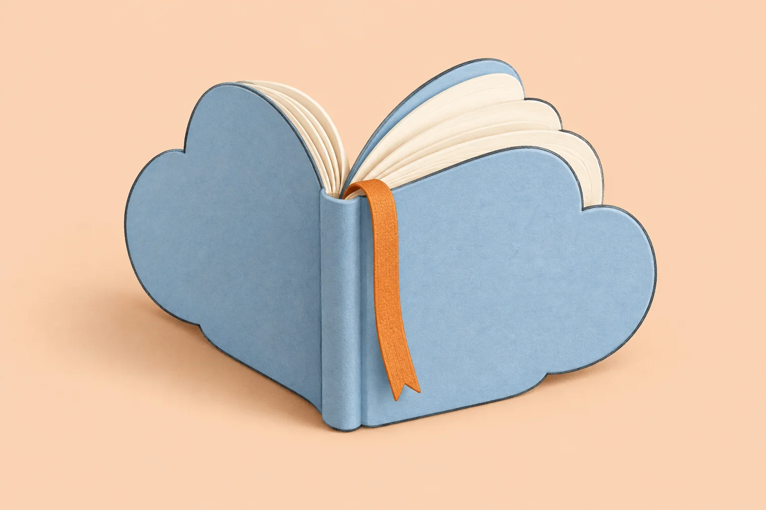 Open blue book shaped like a cloud, with cream pages and an orange ribbon bookmark on a pale peach background.