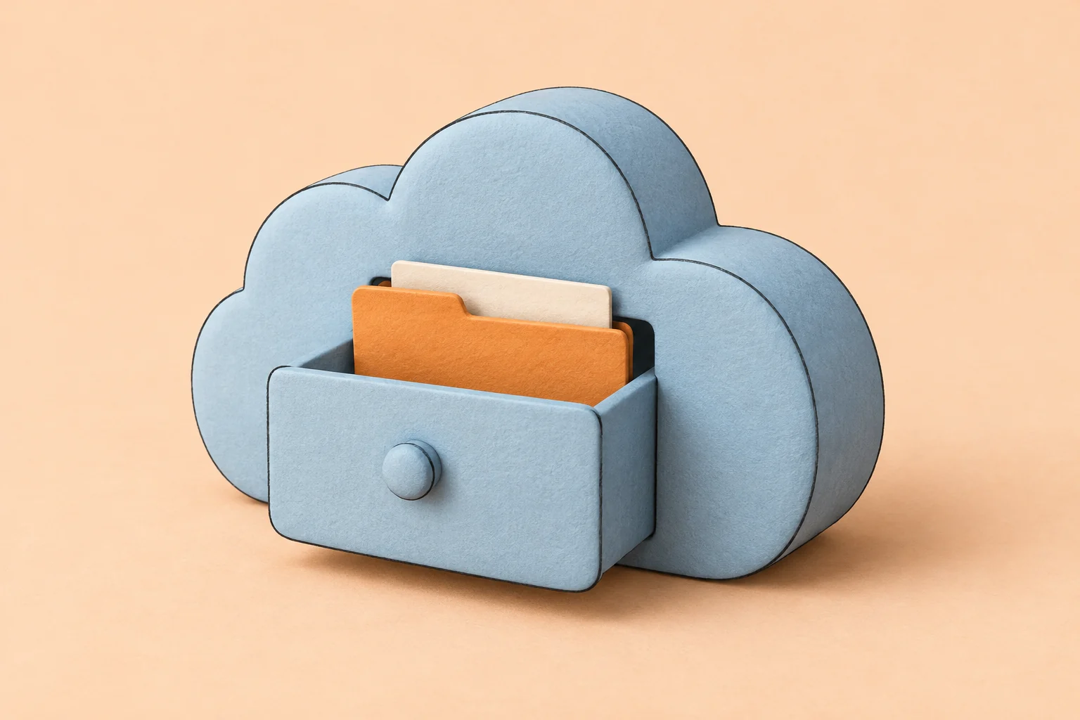 Blue cloud-shaped filing cabinet with an open drawer holding an orange folder and a cream sheet on a pale peach background.