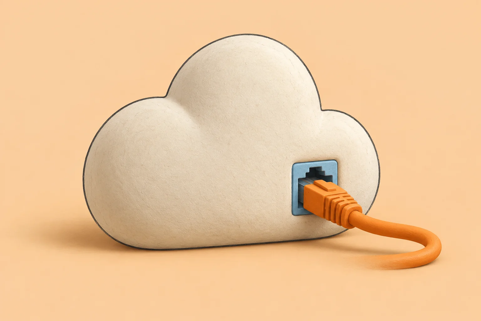 Cream cloud-shaped sculpture with an orange network cable plugged into a blue port on a pale peach background.