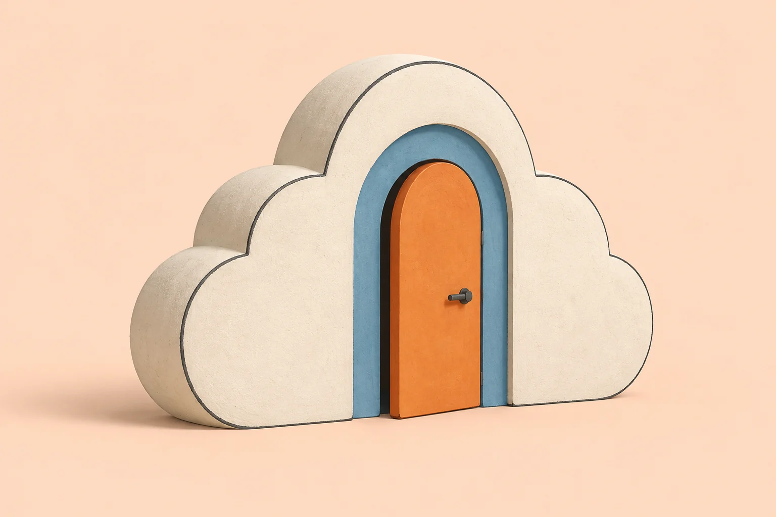 Cream cloud-shaped doorway with a blue frame and an orange door on a pale peach background.