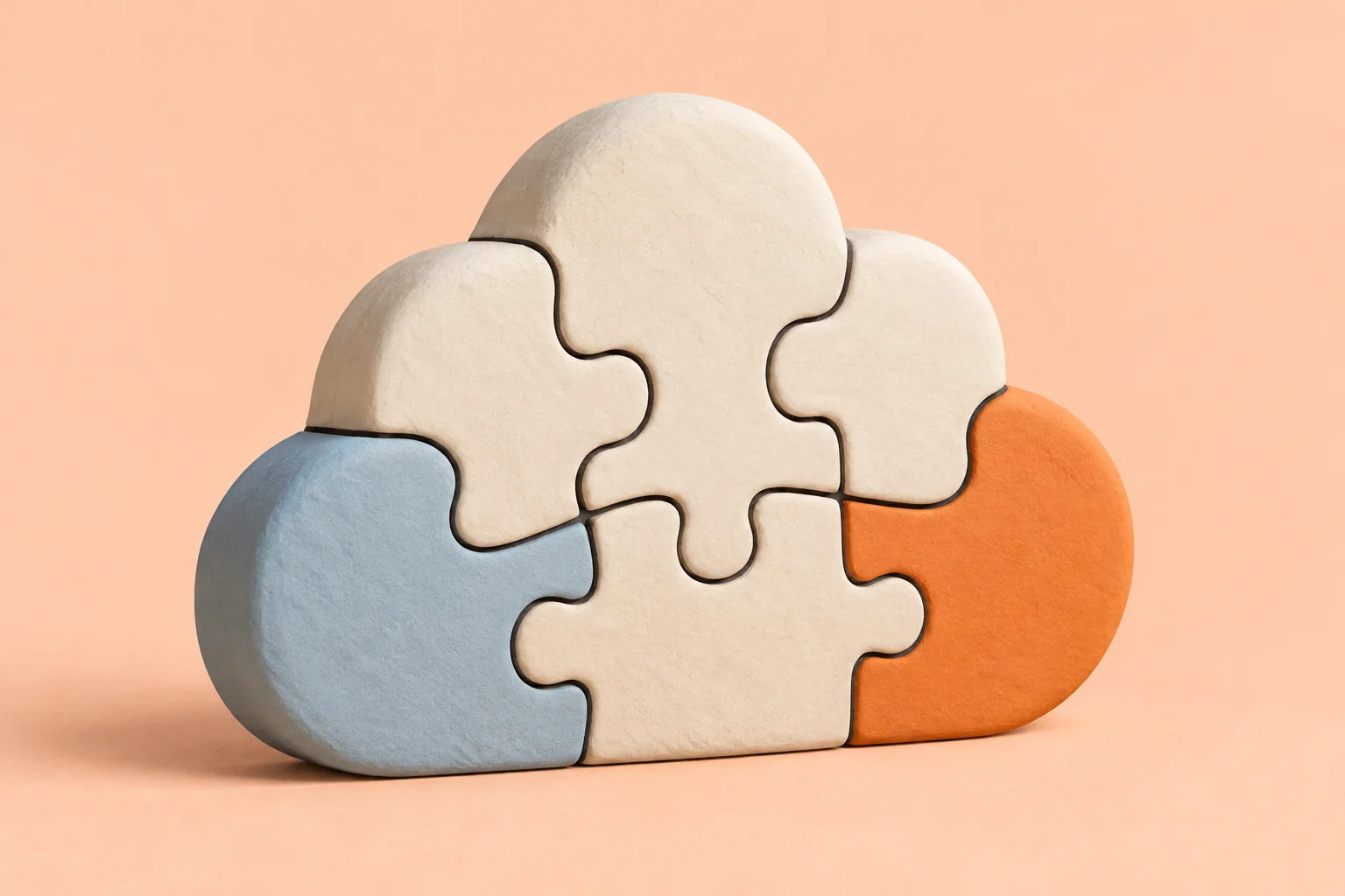 An interlocking cloud-shaped puzzle in cream, blue, and orange on a peach background.