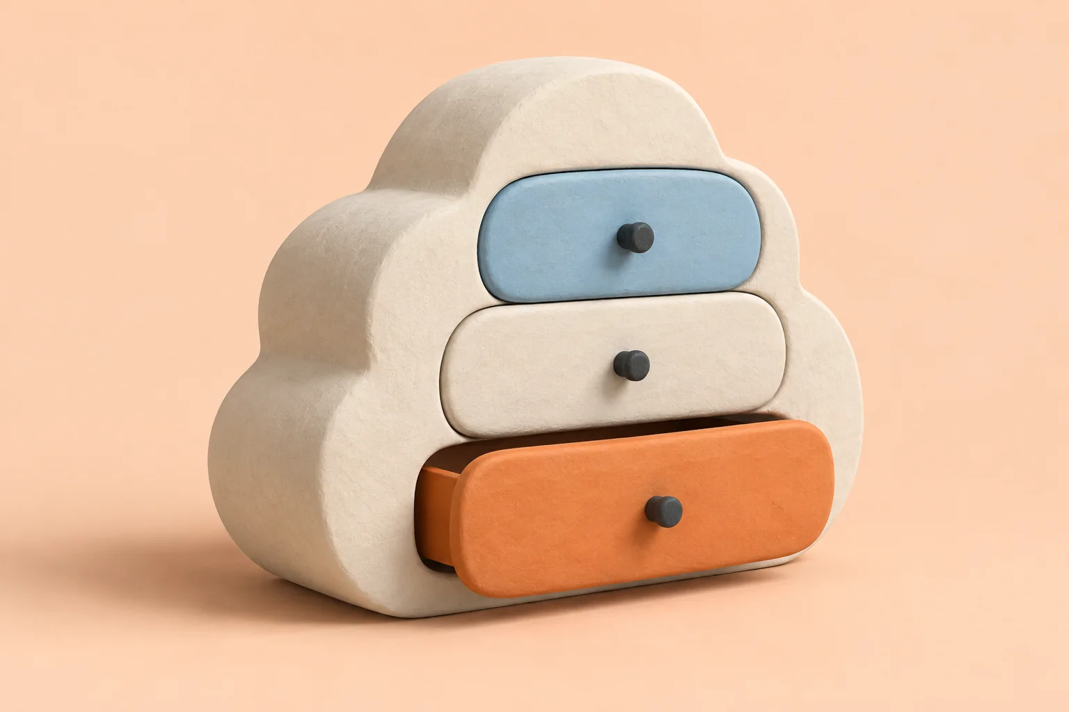 Un meuble crème en forme de nuage, avec des tiroirs bleus, crème et orange, dont un ouvert, sur un fond pêche.