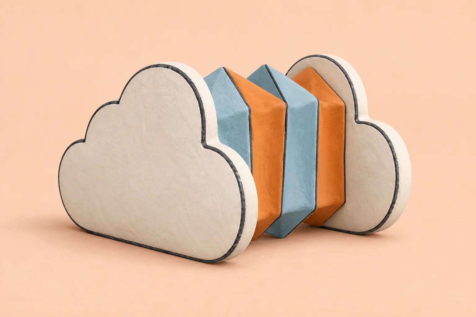 Un nuage en accordéon aux extrémités crème et aux plis bleus et orange sur un fond pêche.