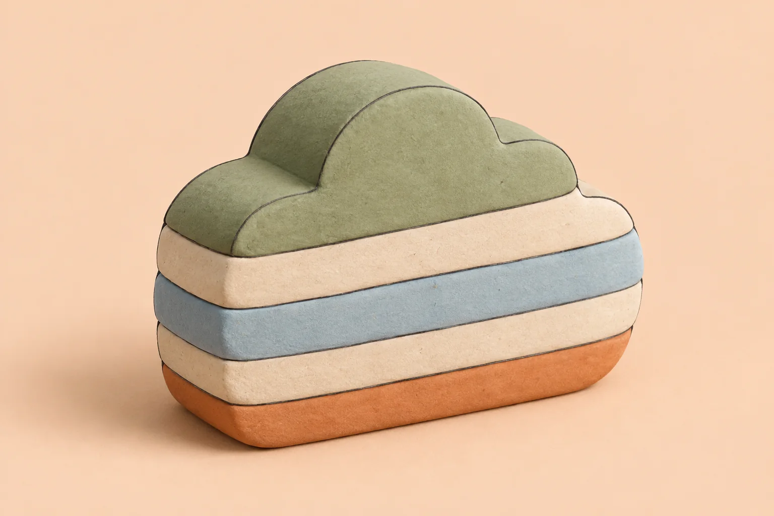 A cloud sculpture built from five fitted layers in sage green, cream, pale blue, and orange on a peach background.