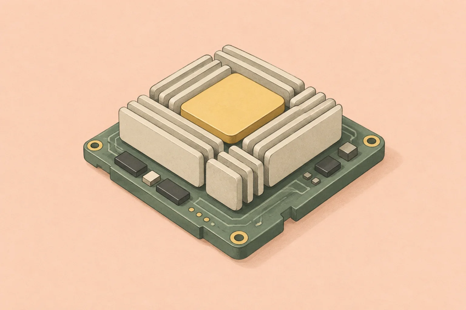 Illustrated GPU module with a sage-green board, cream cooling fins, and a yellow processor on a peach background.