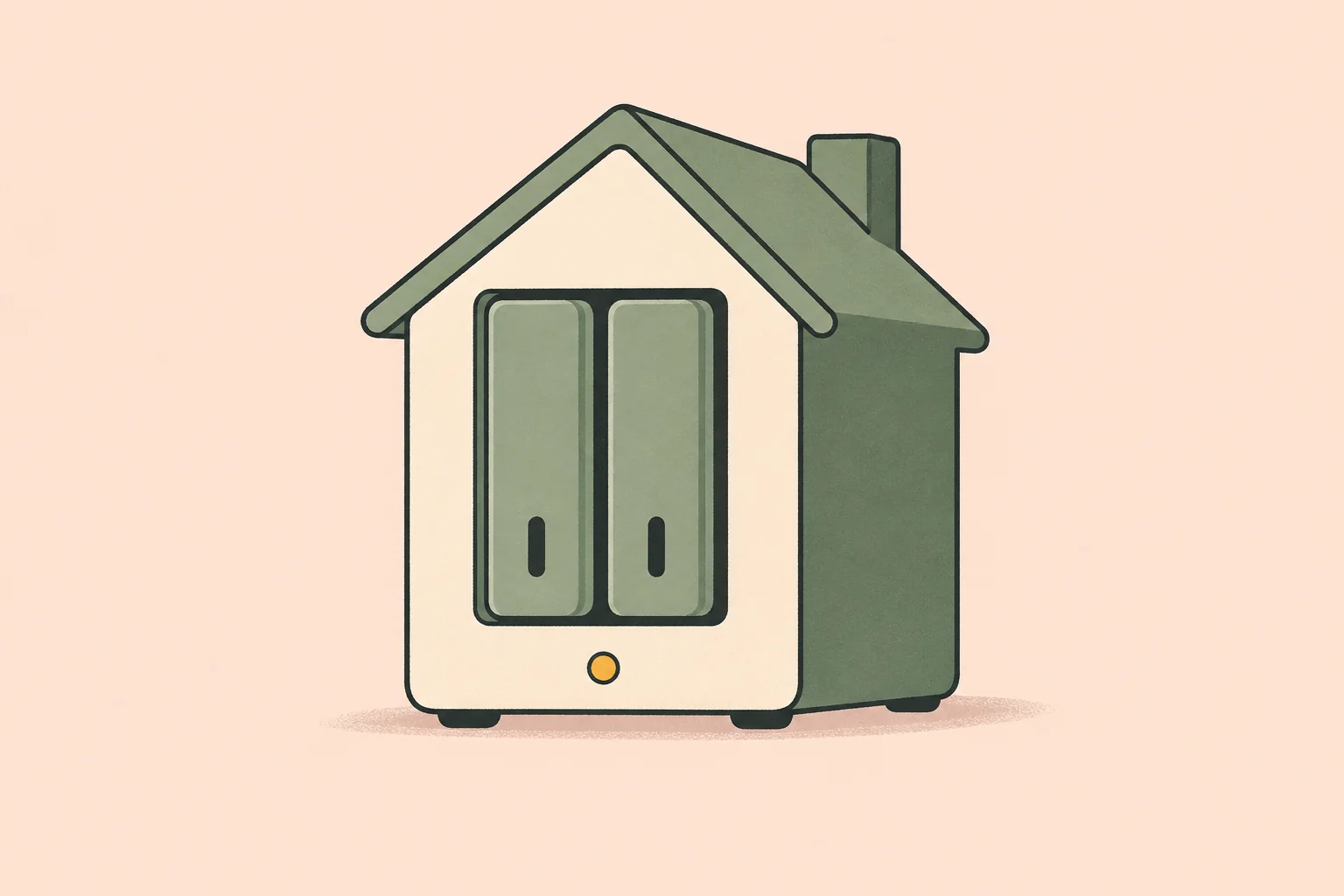 Illustration of a sage-green and cream storage server shaped like a house, with two drive bays on a peach background.