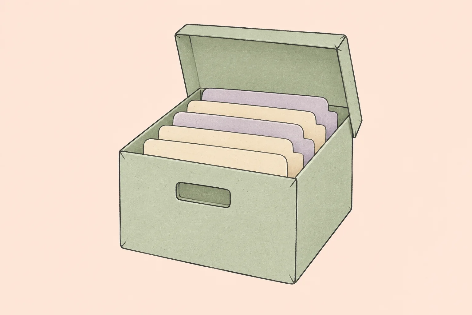 Sage-green archive box holding cream and lavender file dividers on a pale peach background.