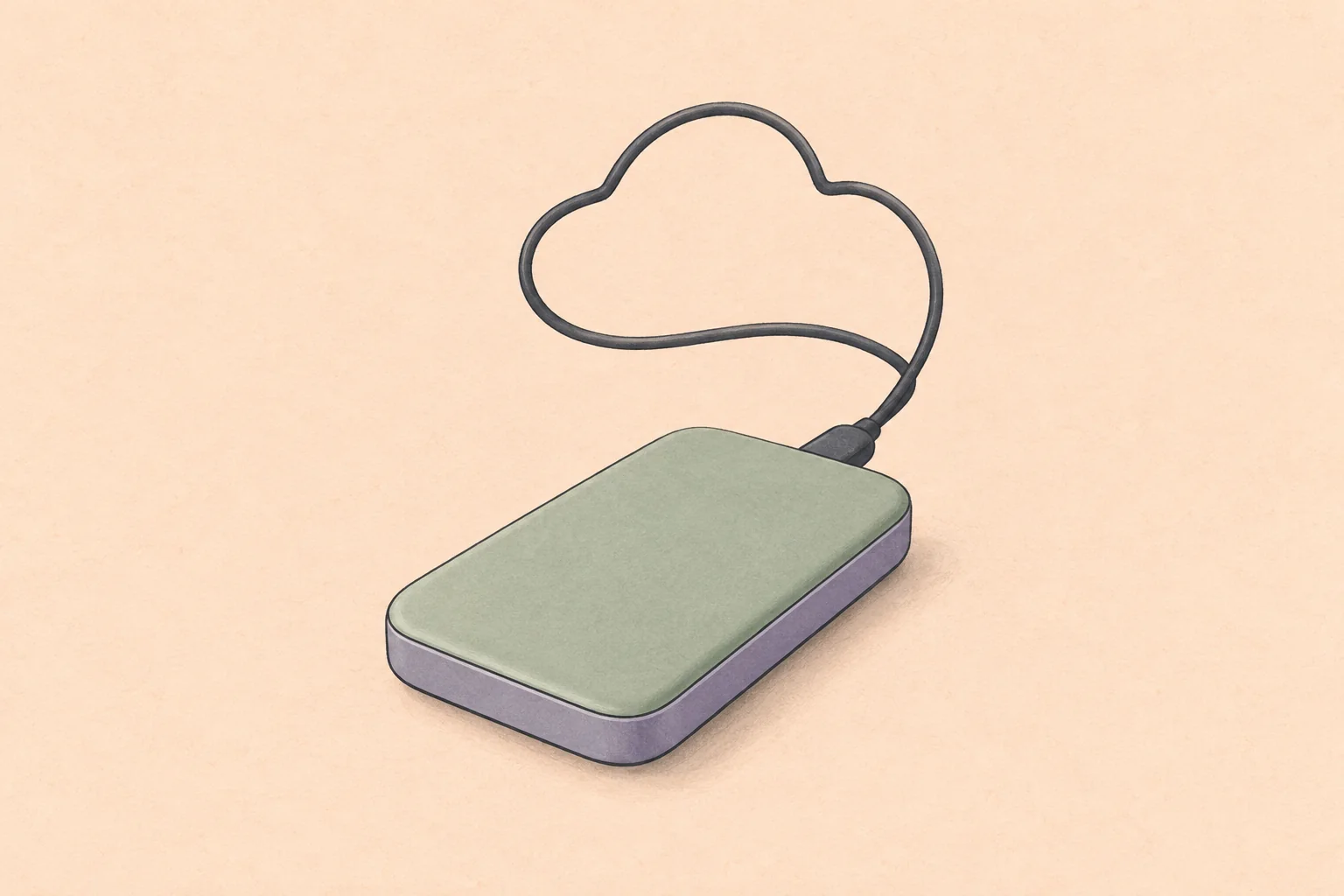 Sage-green portable drive with a charcoal cable forming a cloud-shaped loop on a pale peach background.