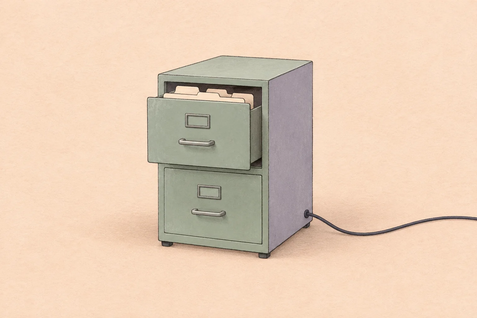 Sage-green filing cabinet with an open drawer and a network cable trailing across a pale peach background.