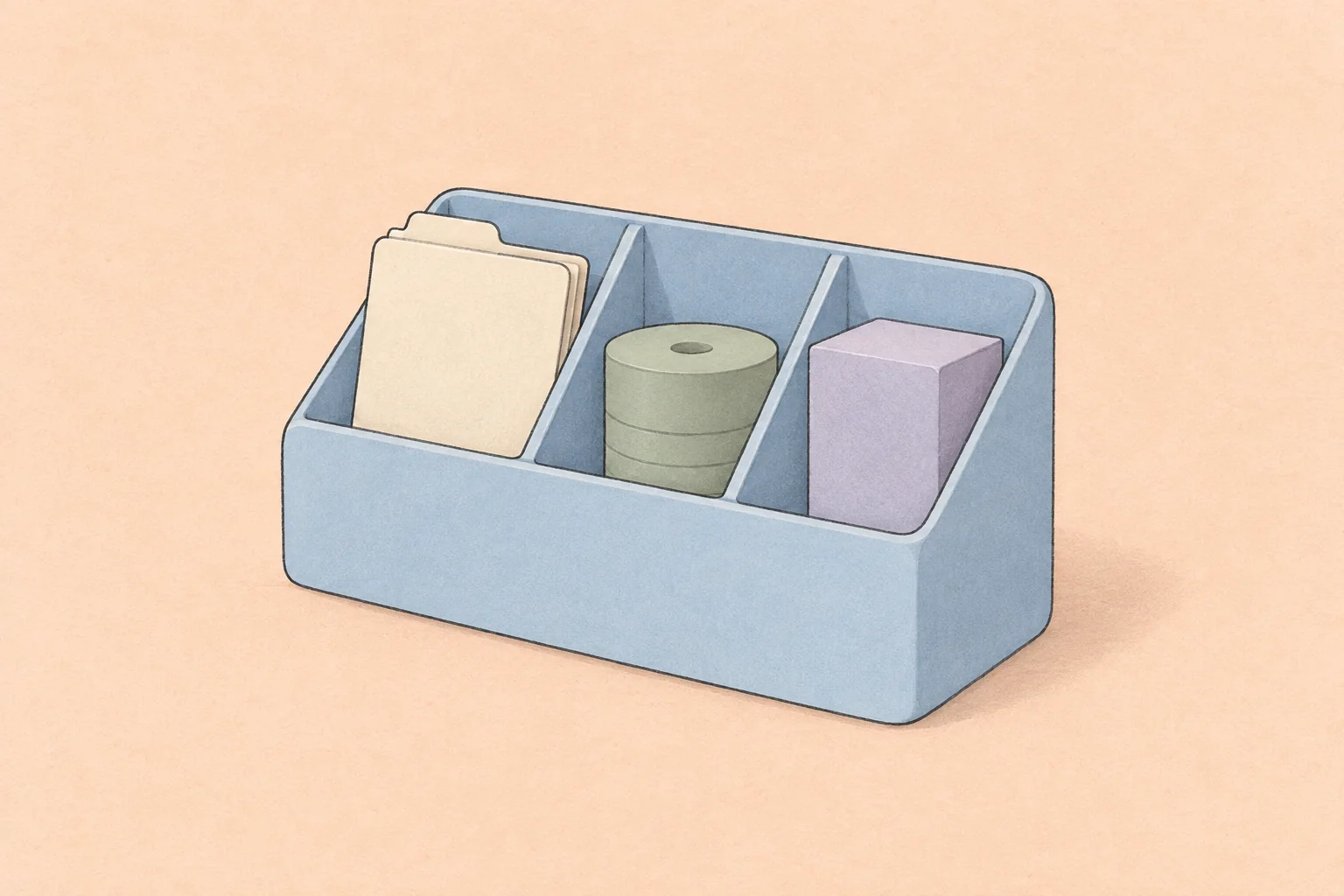 Pastel blue storage organizer holding a cream folder, a sage-green spool, and a lavender block on a pale peach background.