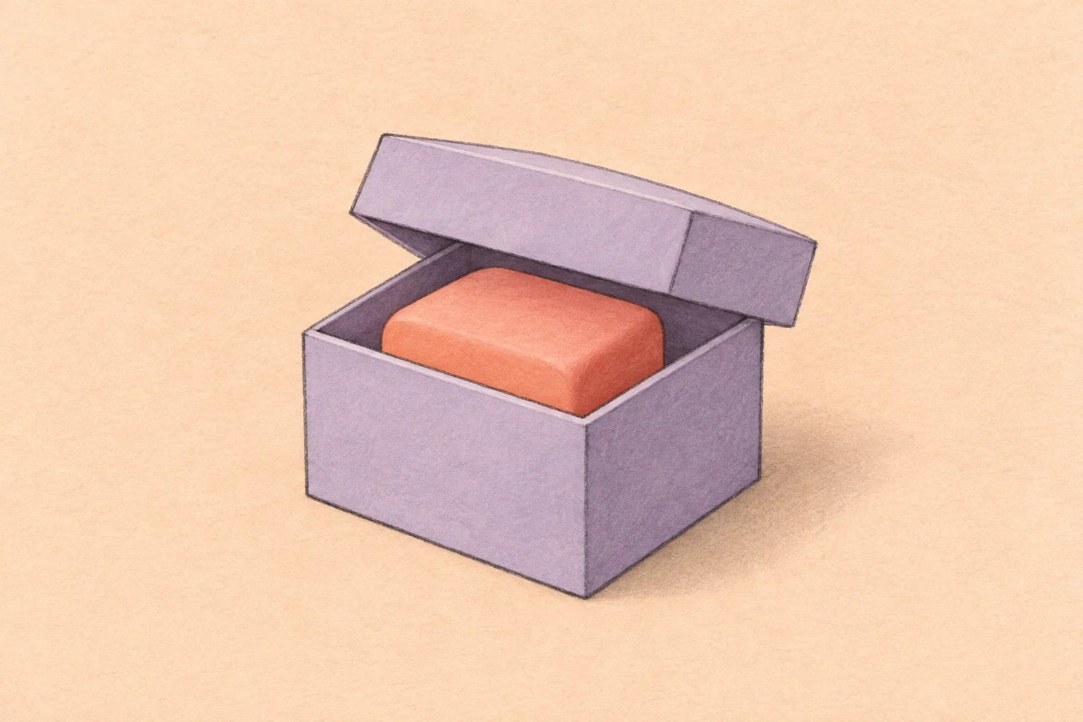 An open lavender storage box holding a coral block on a pale peach background, drawn in a soft editorial style.