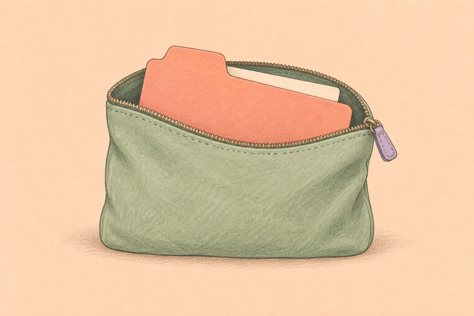 A sage-green travel pouch holding a coral file folder, illustrated on a pale peach background.