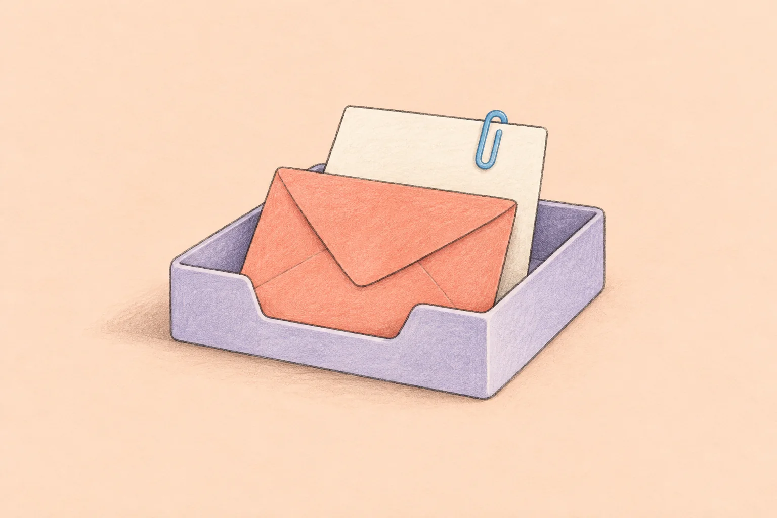 A lavender letter tray holding a coral envelope and a cream document with a blue paperclip.
