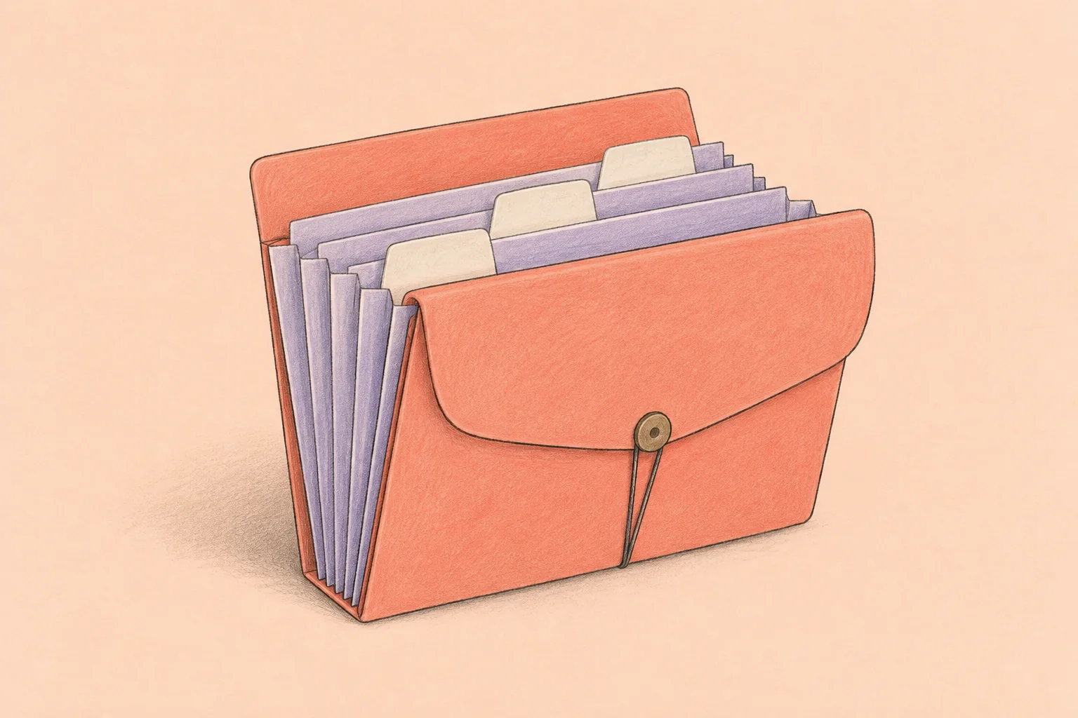 A coral expanding file organizer with lavender accordion compartments and cream tabs on a pale peach background.