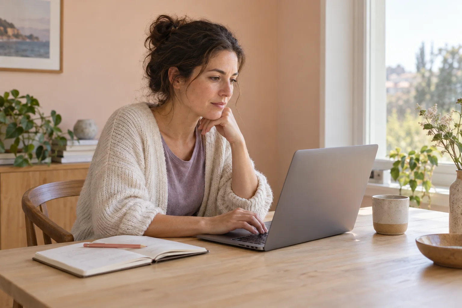 A woman working at a laptop beside a window, with an open notebook and pencil on a wooden desk.