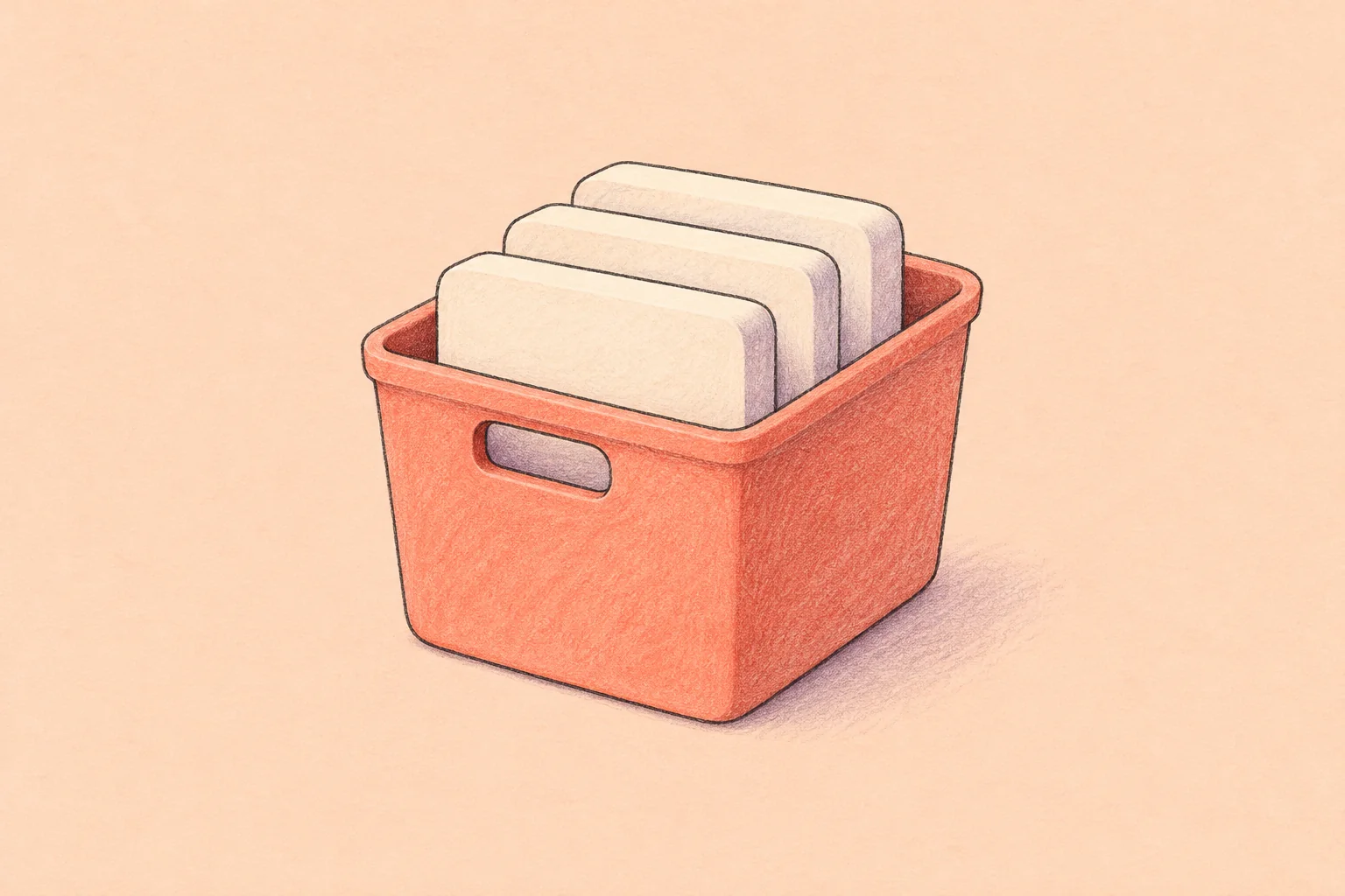 A coral storage container holding three cream tiles, drawn with charcoal outlines on a pale peach background.
