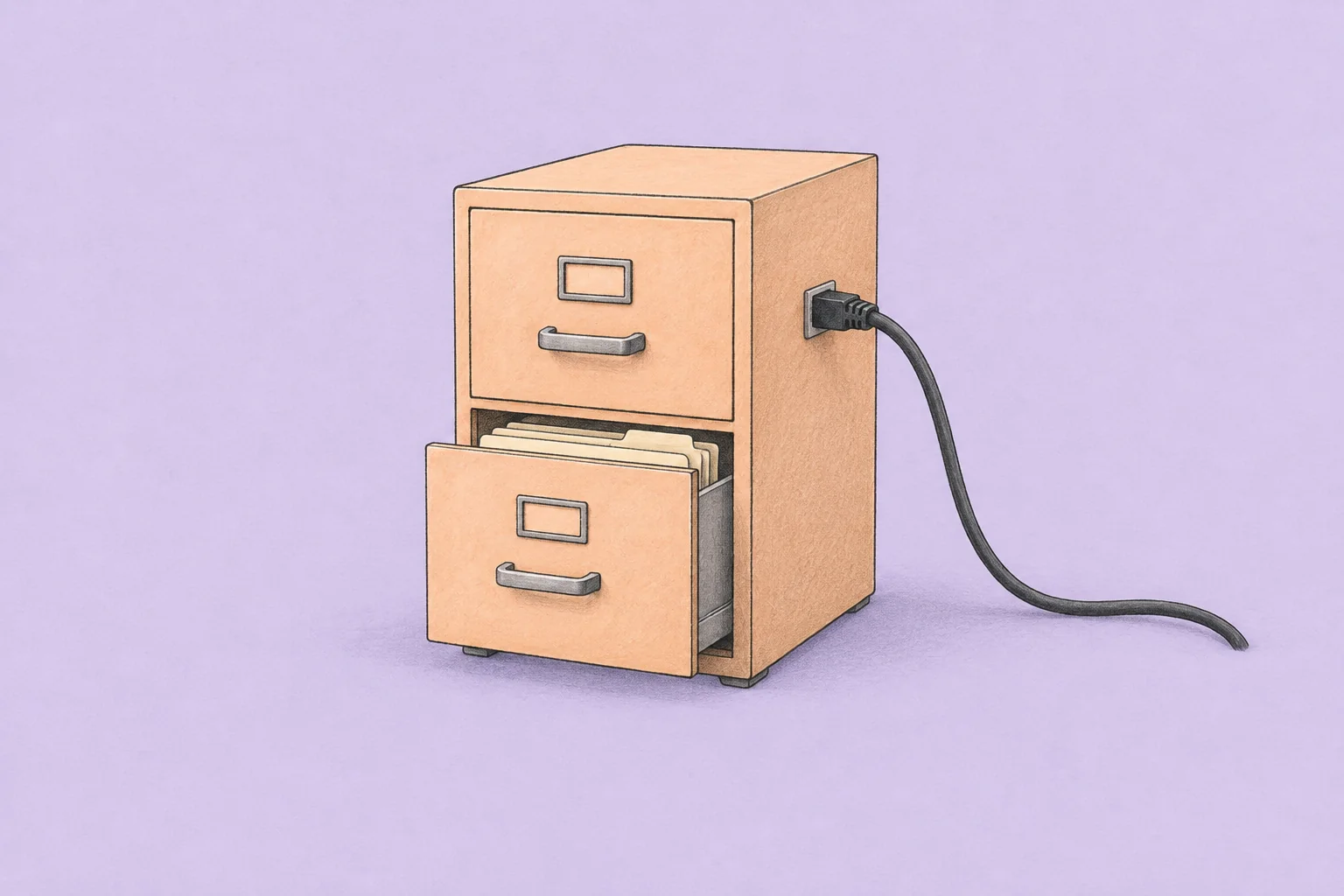An apricot filing cabinet with an open drawer and a network cable, drawn in charcoal on a pale lavender background.