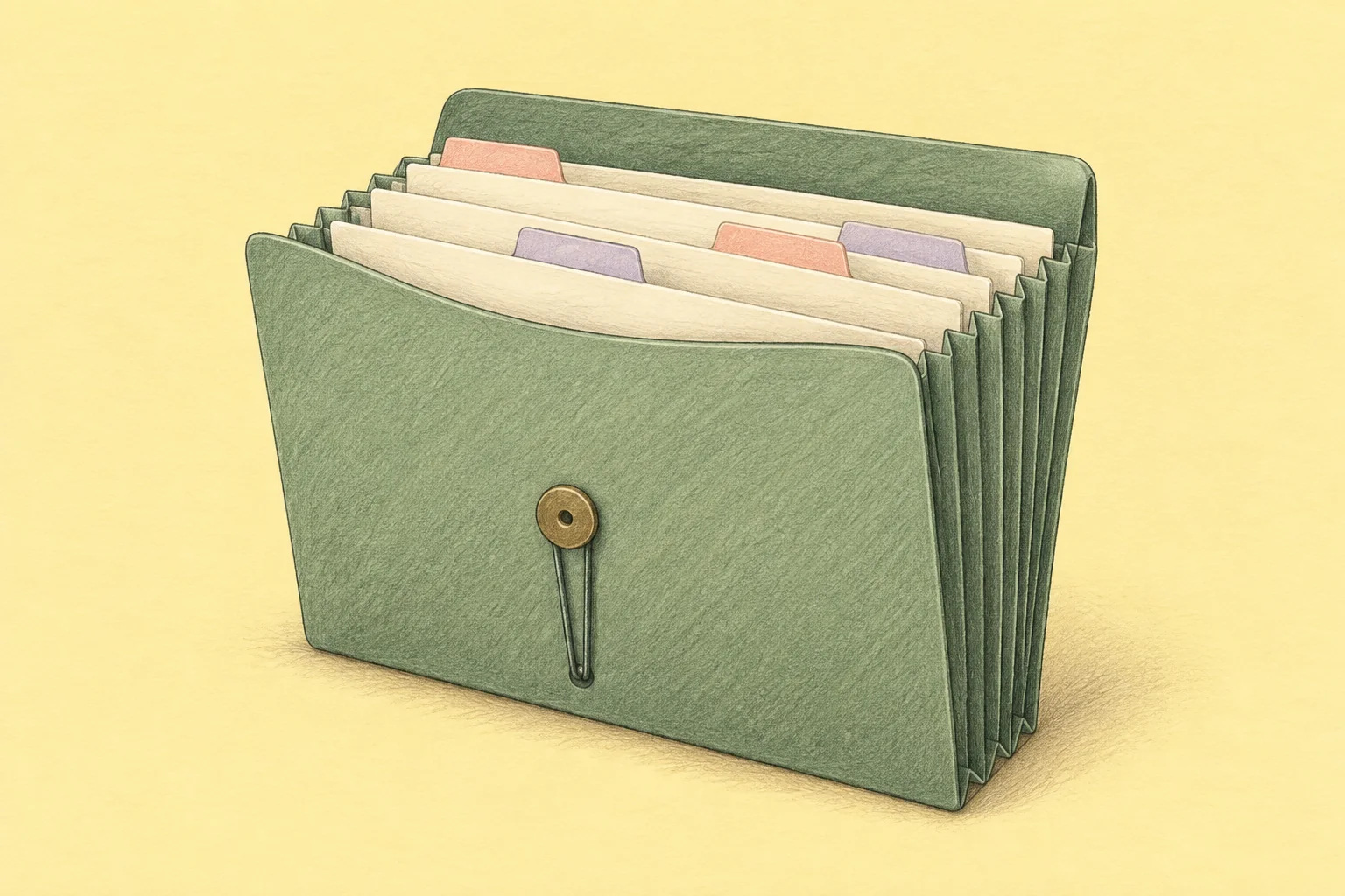 Un classeur accordéon vert sauge avec des séparateurs crème et des onglets pastel, dessiné au crayon sur un fond jaune pâle.