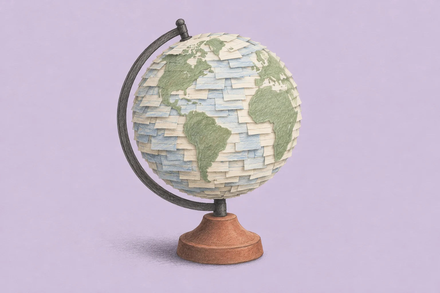 Pencil illustration of a globe made from layered paper cards on a terracotta stand against a pale lavender background.