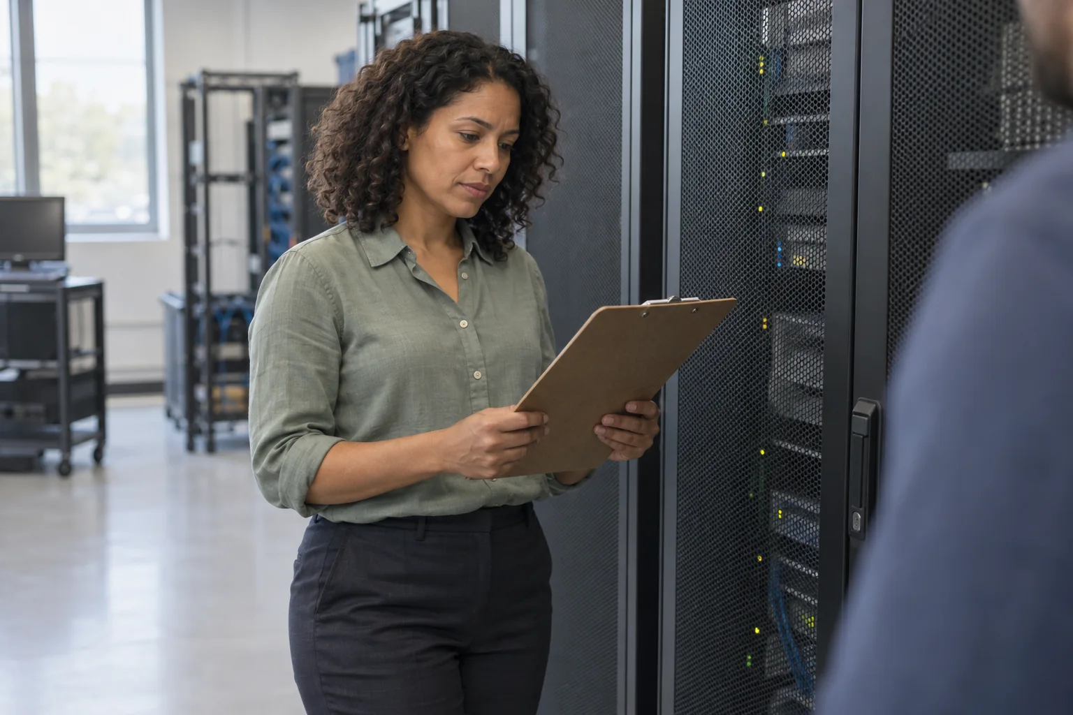 An IT professional reviews a clipboard beside a closed server cabinet in a softly lit equipment room.