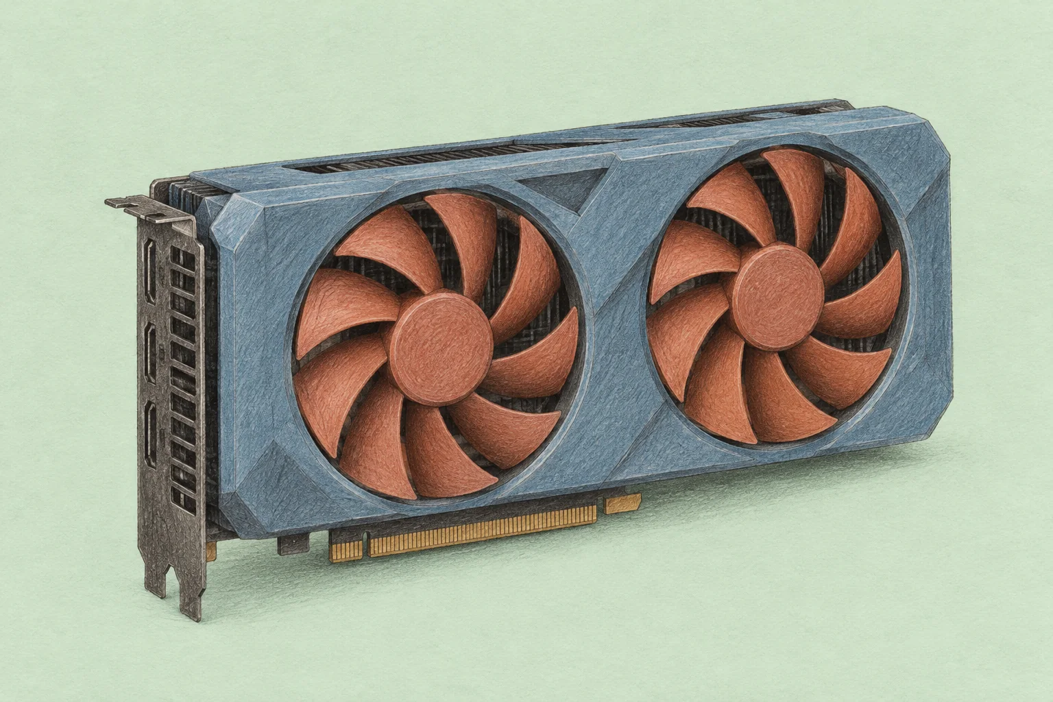 Colored-pencil illustration of a blue graphics card with two terracotta cooling fans on a pale mint background.