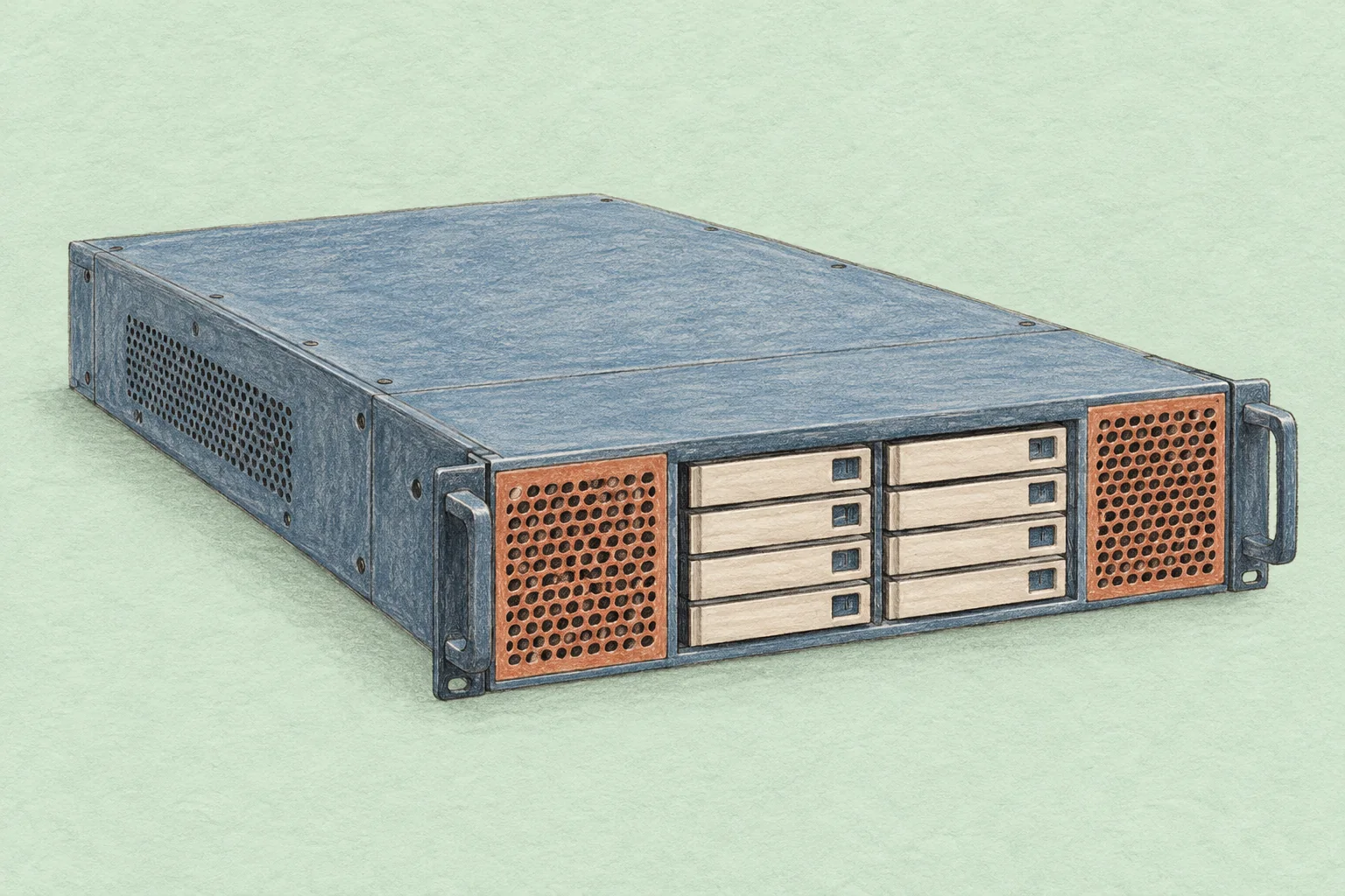 Colored-pencil illustration of a blue rackmount server with terracotta ventilation grilles and cream drive bays on a pale mint background.