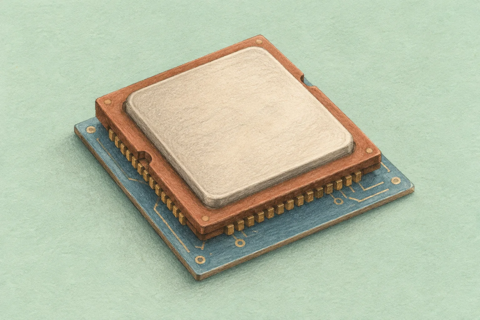 Colored-pencil illustration of a cream and terracotta processor on a blue circuit board against a pale mint background.