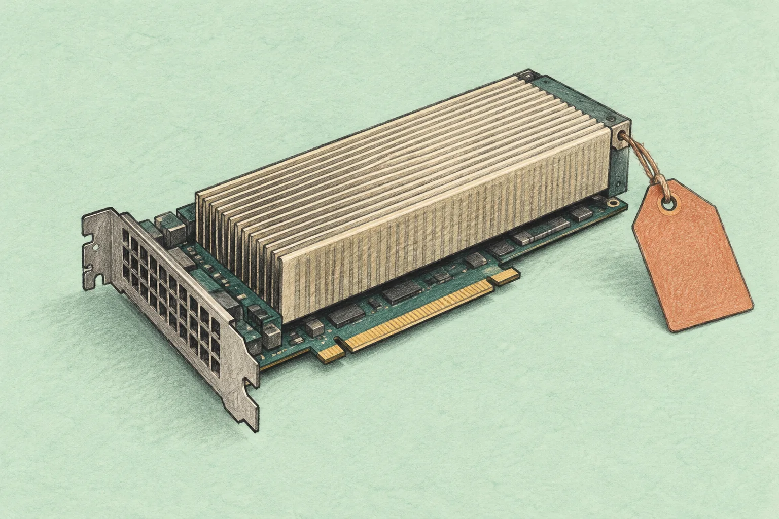 Colored-pencil illustration of a server GPU with a cream heatsink and blank terracotta price tag on a pale mint background.