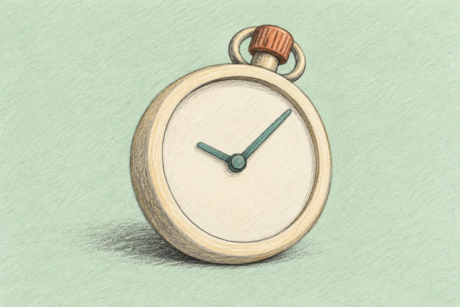 Colored-pencil stopwatch with a cream case, teal hands, and terracotta crown on a pale mint background.