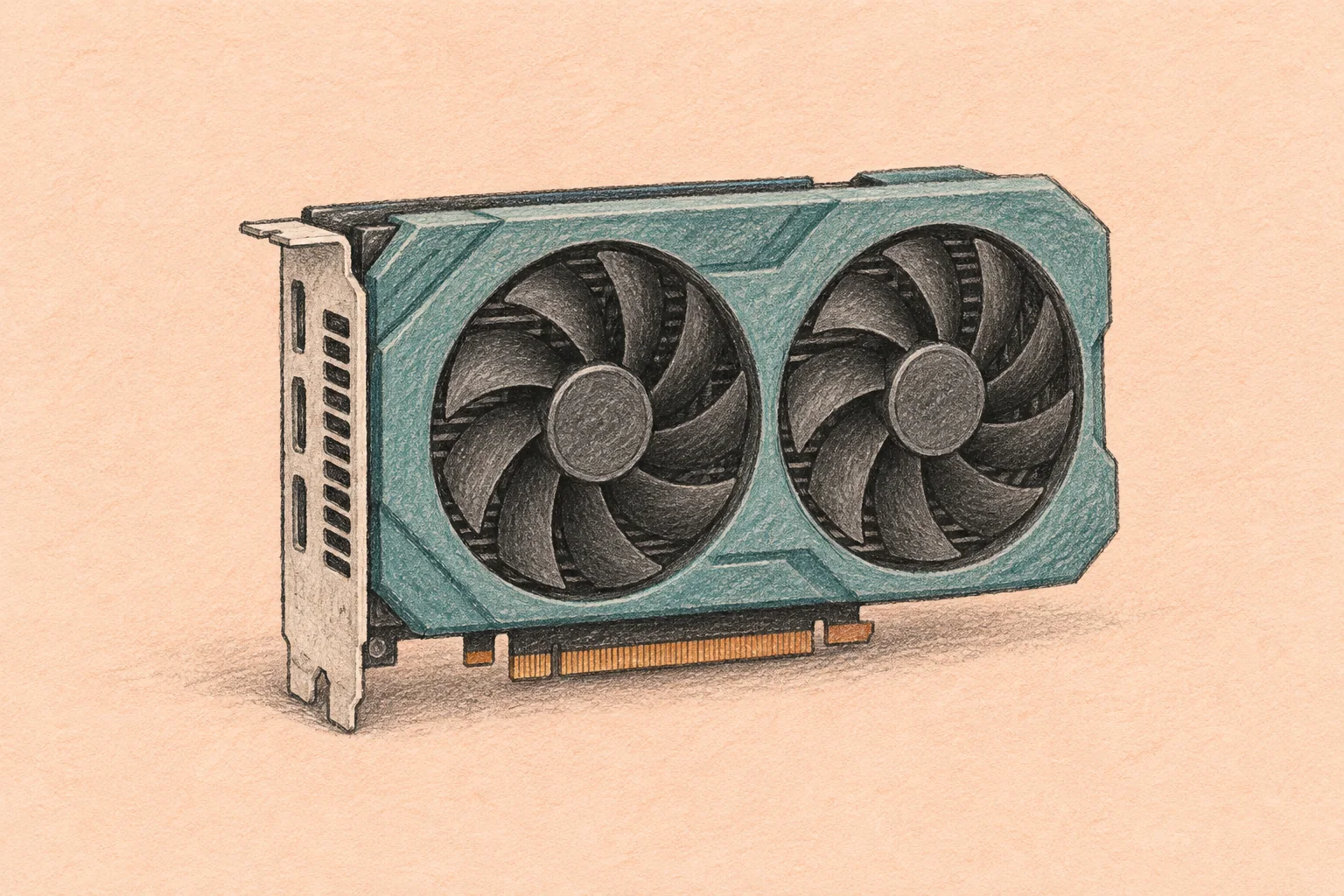 Colored-pencil illustration of a teal graphics card with two dark cooling fans and copper contacts on a pale peach background.