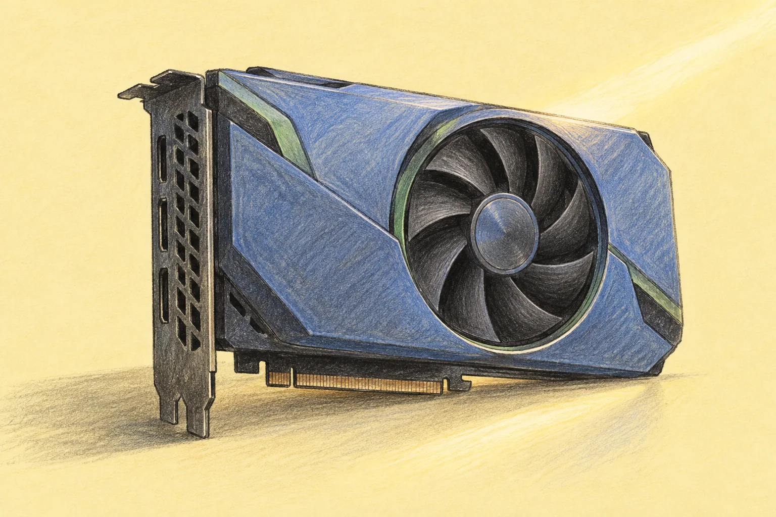 Colored-pencil illustration of a blue graphics card with one dark cooling fan and copper contacts on a pale yellow background.