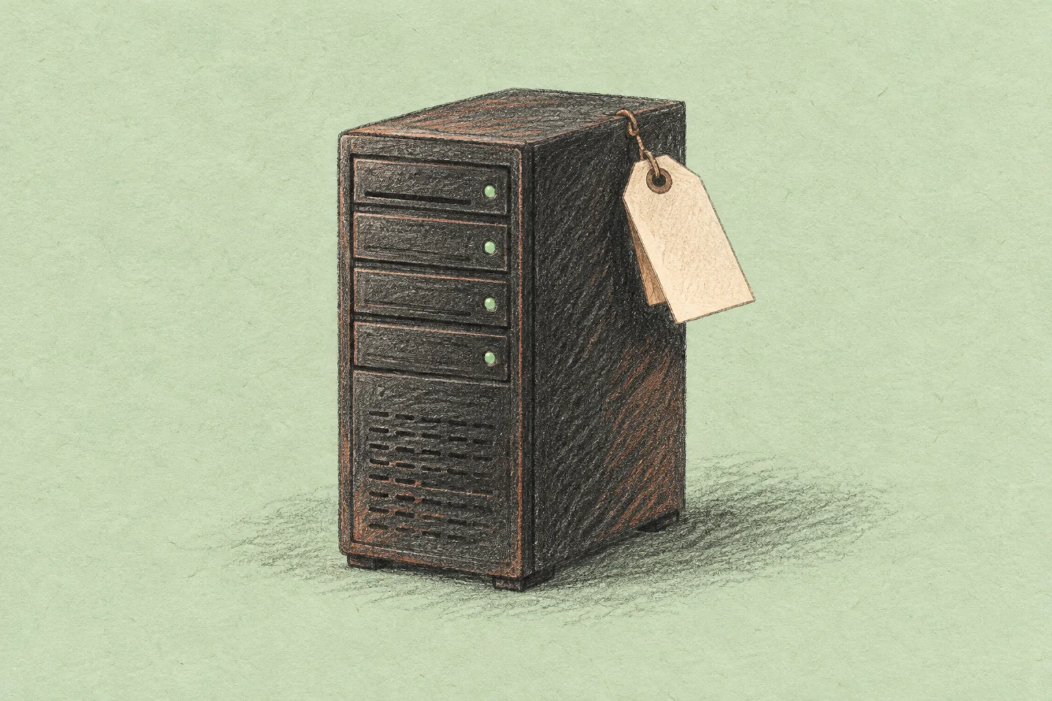 Colored-pencil illustration of a dark tower server with a blank paper tag on a pale green background.