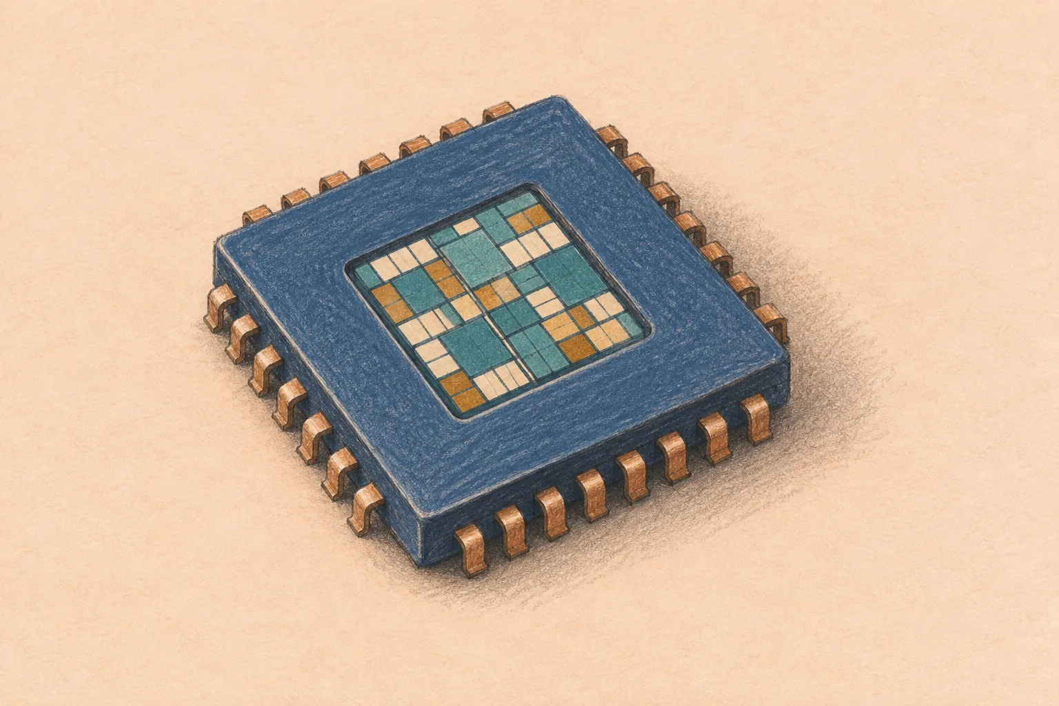 Colored-pencil illustration of a blue microchip with copper contacts and a tiled teal, cream, and ocher center on a pale peach background.