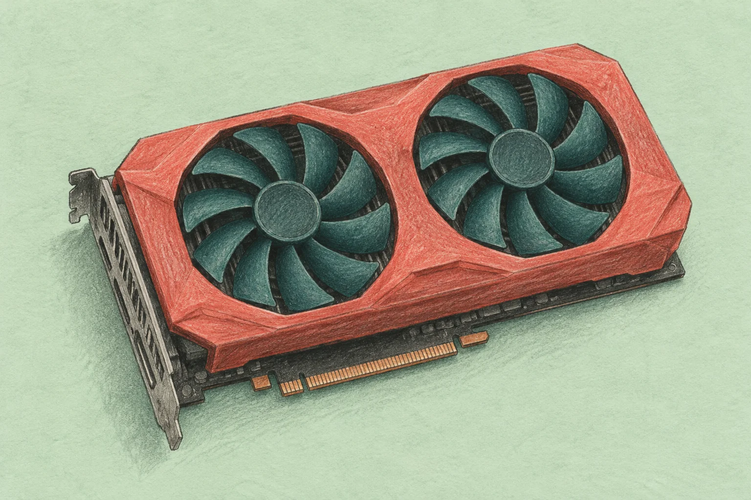 Carte graphique rouge corail dessinée au crayon, avec deux ventilateurs turquoise foncé et des contacts cuivrés, sur fond menthe pâle.