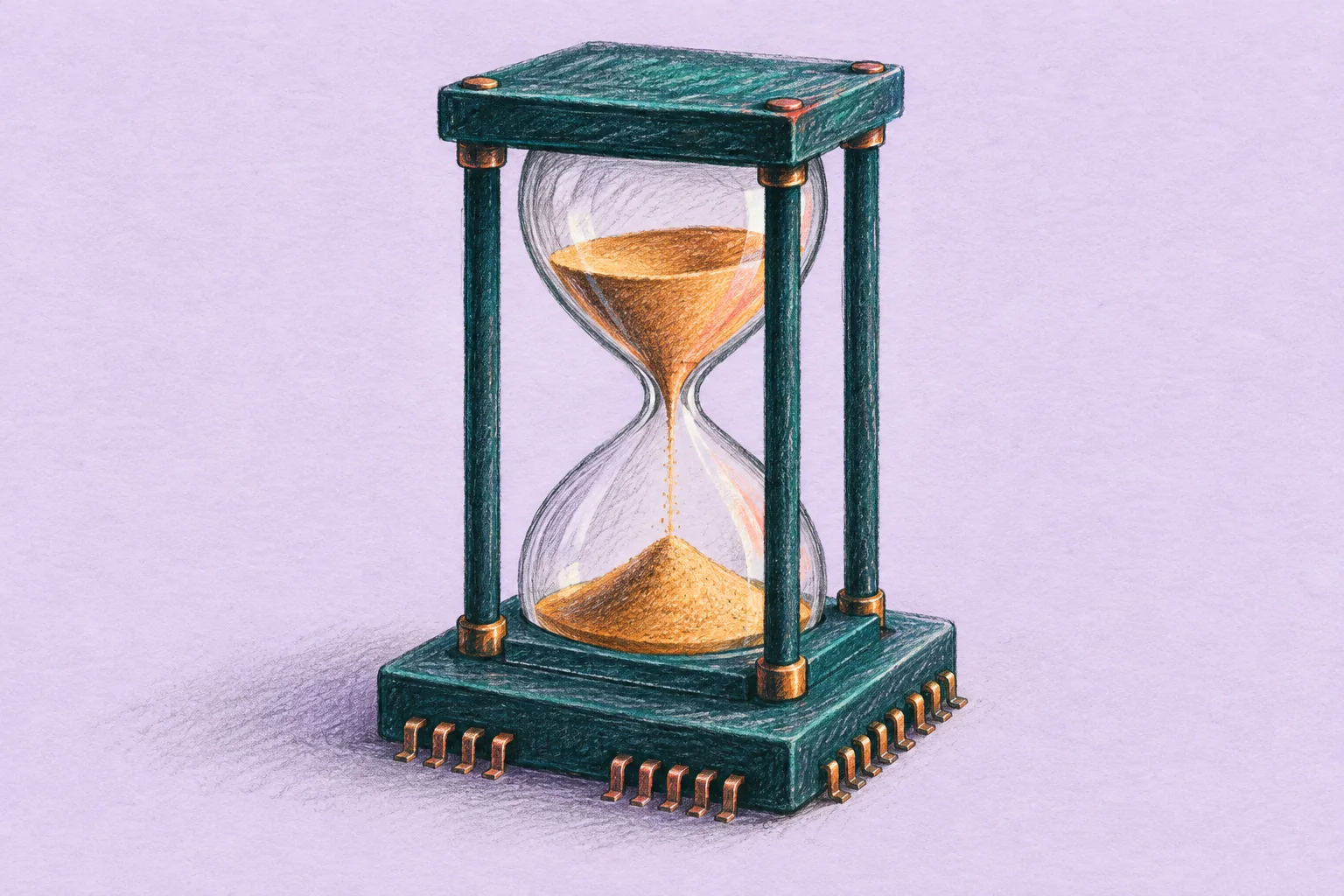 Colored-pencil hourglass with a dark teal microchip-shaped base, copper pins, and golden sand on a pale lavender background.
