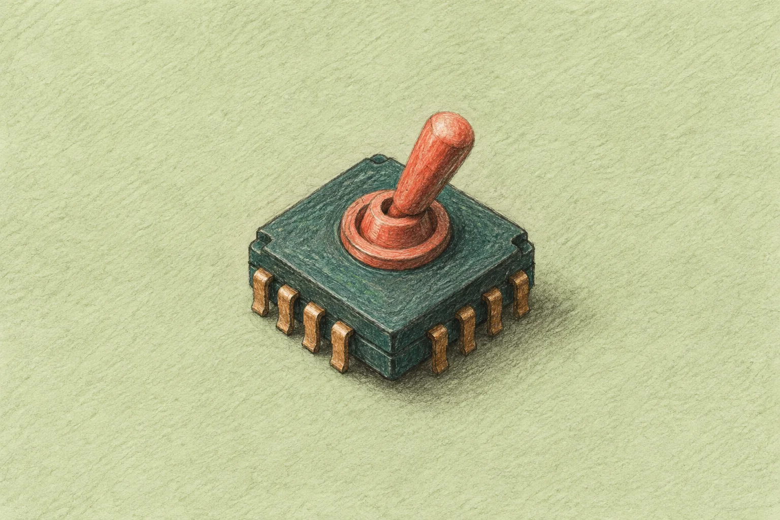 Colored-pencil illustration of a coral toggle switch built into a dark teal microchip on a pale green background.