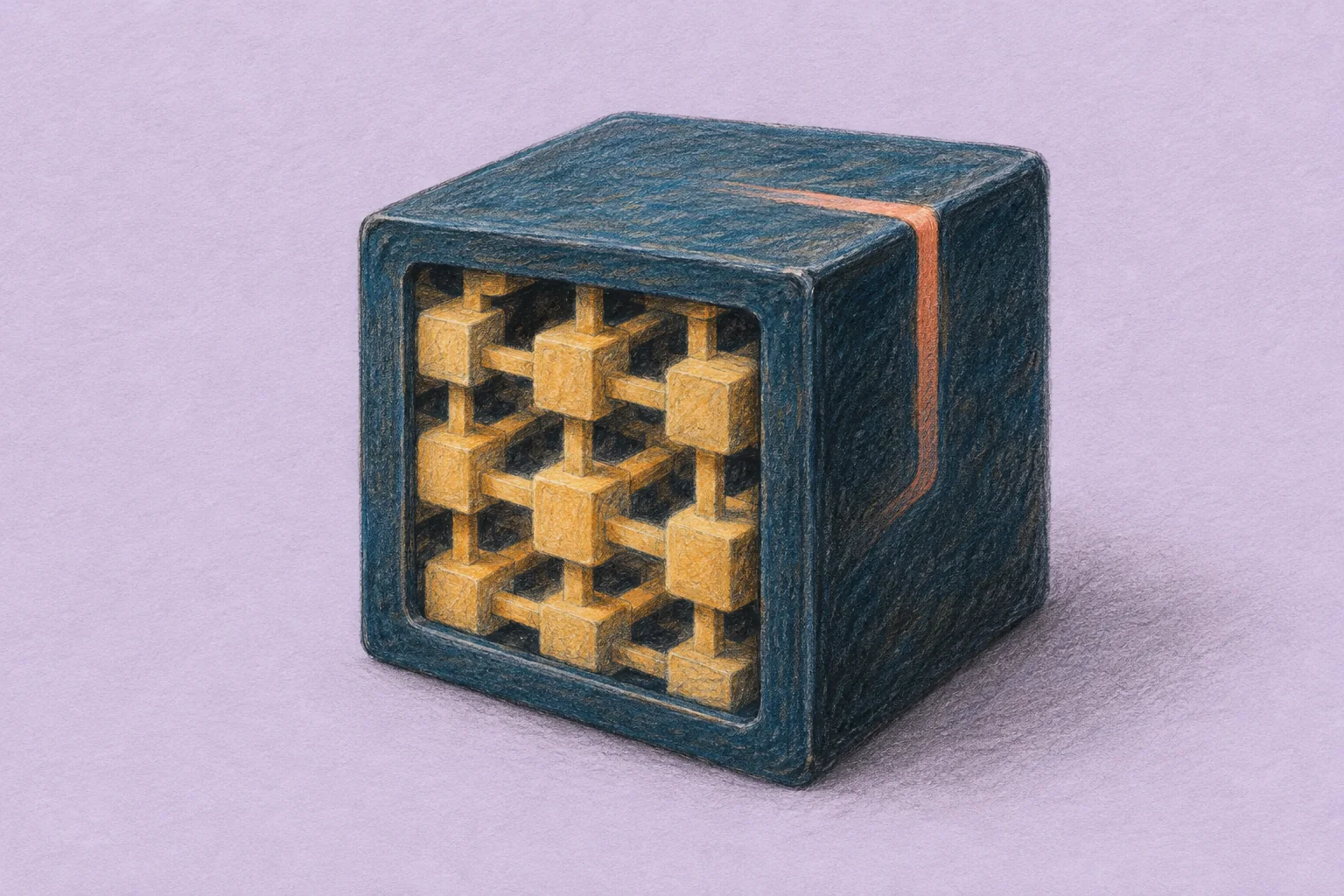 Colored-pencil illustration of a dark blue computing cube with an ochre lattice and coral accent on a pale lavender background.