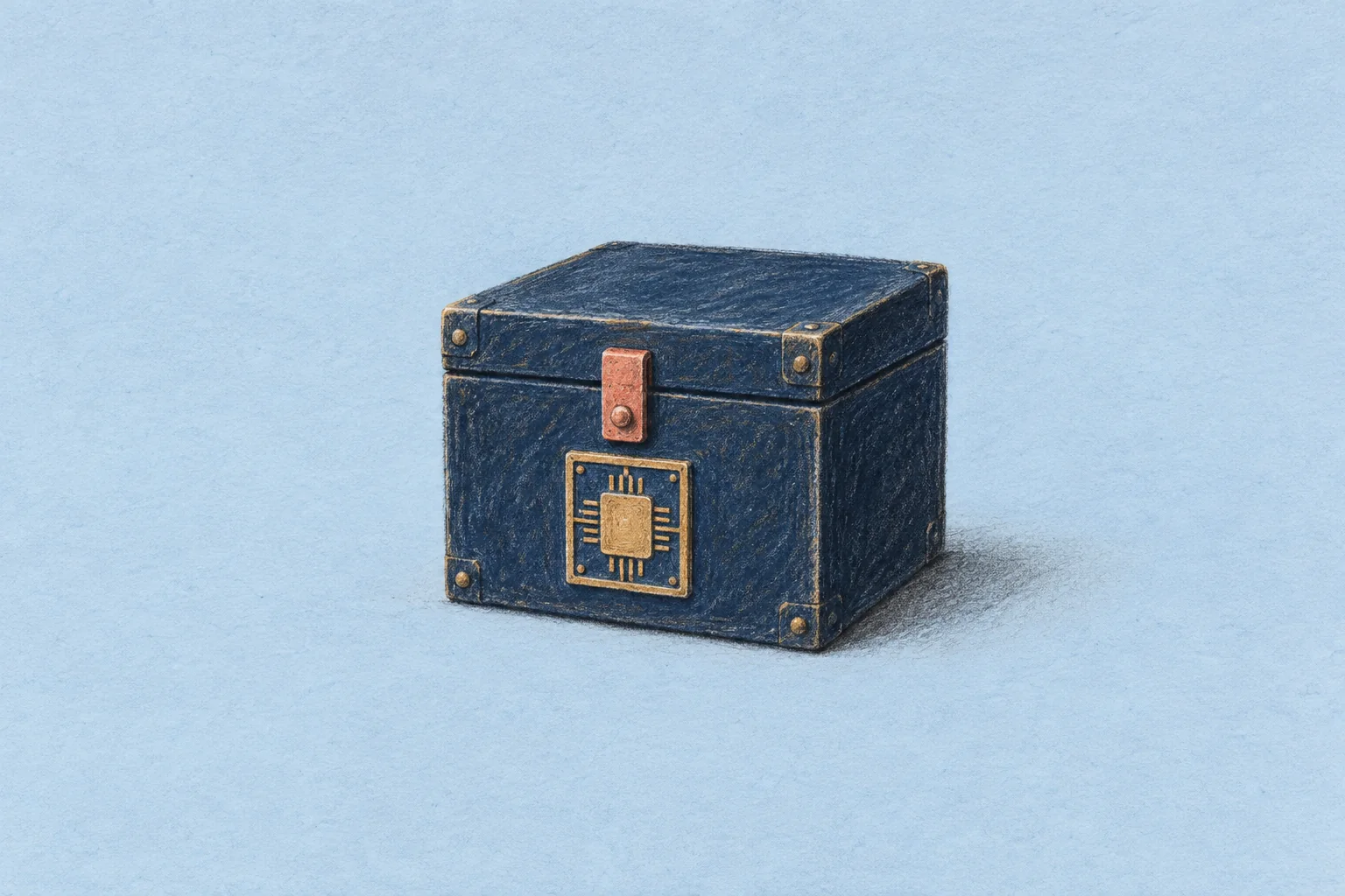 Hand-drawn dark blue strongbox with an ochre computer chip and coral latch on a pale blue background.
