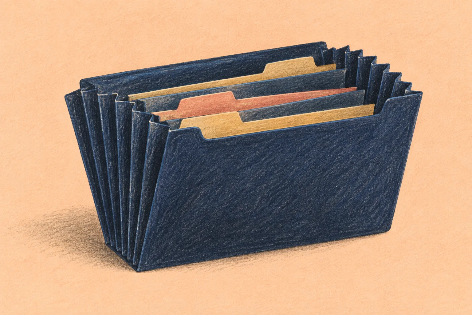 Hand-drawn navy accordion file organizer with ochre and coral dividers on a pale apricot background.