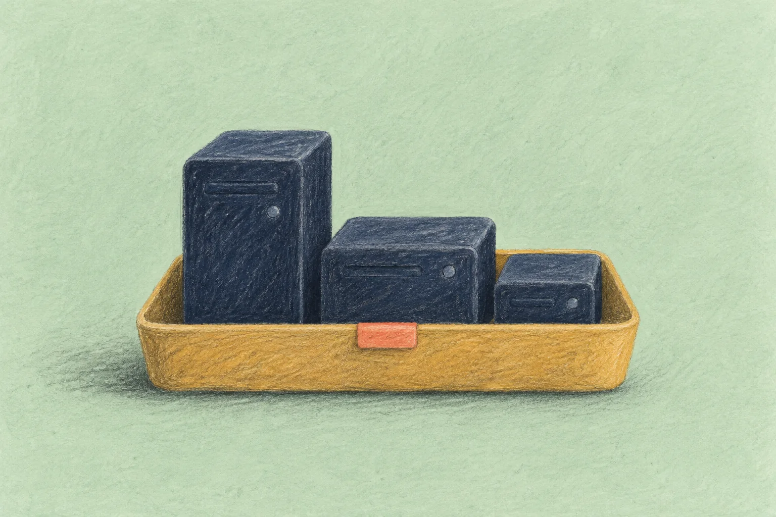 Pencil illustration of three navy storage devices in an ochre tray with a coral tab on a pale mint background.