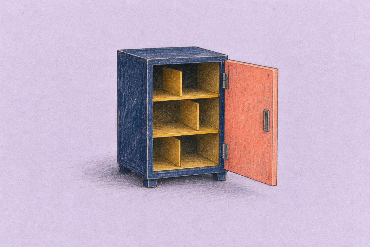 Pencil illustration of a navy storage cabinet with an open coral door and ochre shelves on pale lavender paper.
