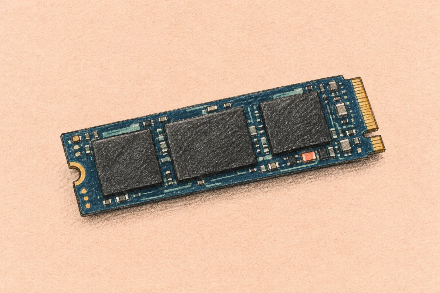 Colored-pencil illustration of a navy SSD module with charcoal chips and an ochre connector on pale peach paper.