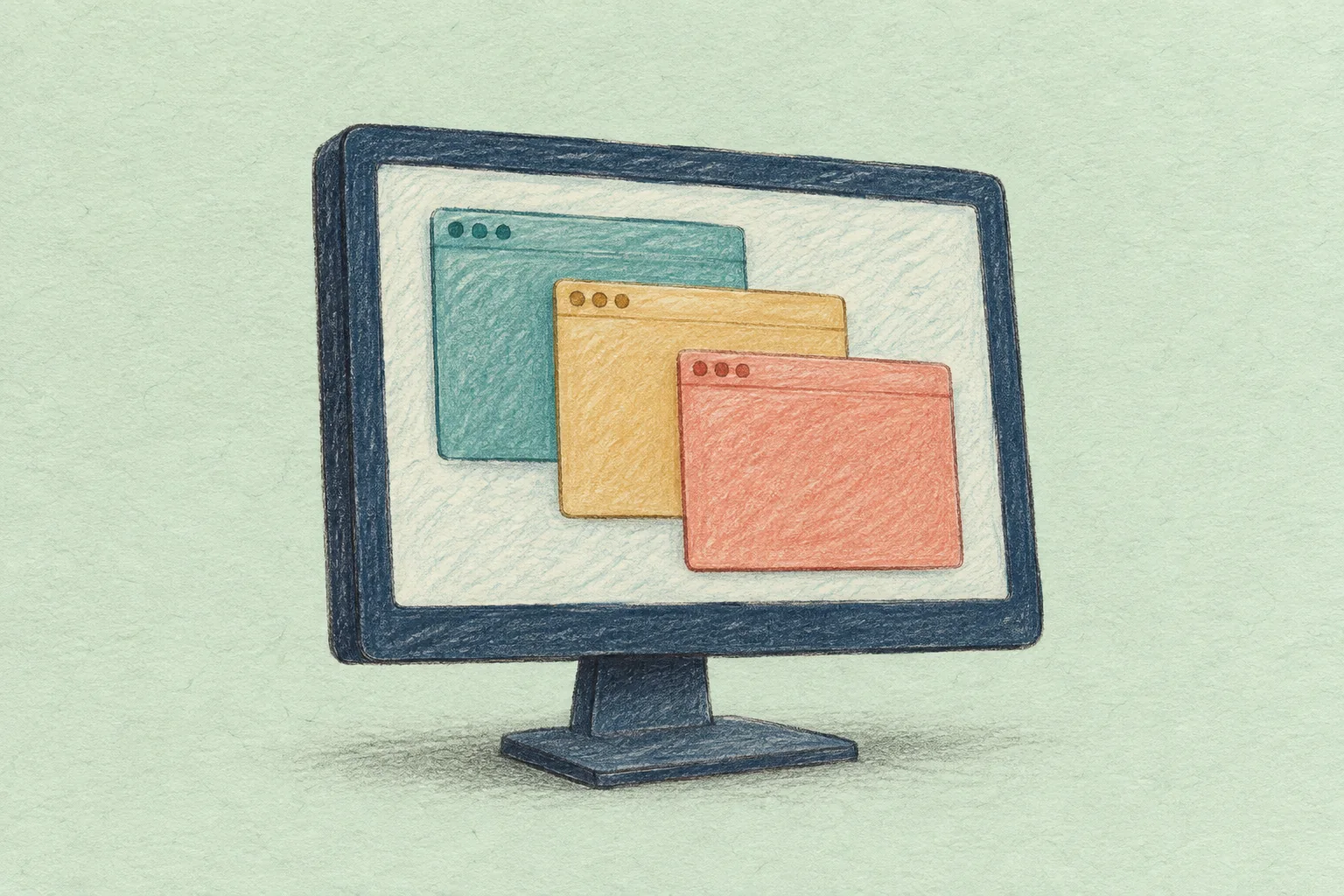 Colored-pencil illustration of a navy desktop monitor with three overlapping teal, ochre, and coral windows